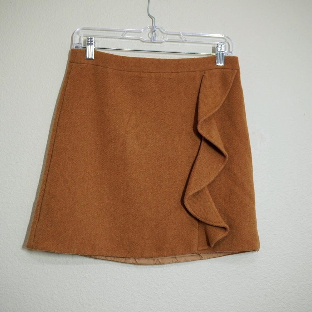 J. Crew Mercantile Womens Size 2 Mini Skirt Golden Brown Wool Blend Ruffle Front